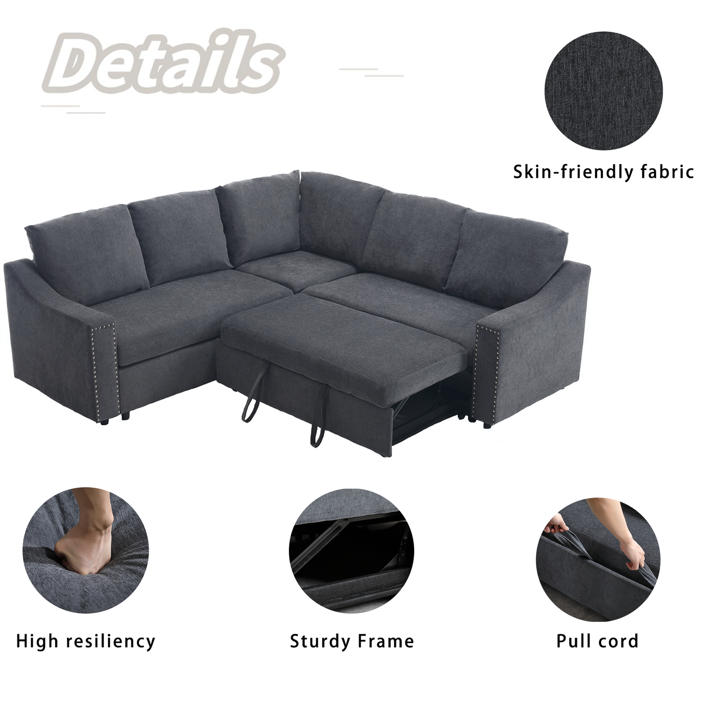 [NEW ARRIVED] [VIDEO PROVIDED]L-shaped sofa with pull-out sofa bed, Corner Sofa,comfortable living room furniture set, sleeper sofa bed,Corner seat for two with broaching sofa,Rivet DeChenille,Gray