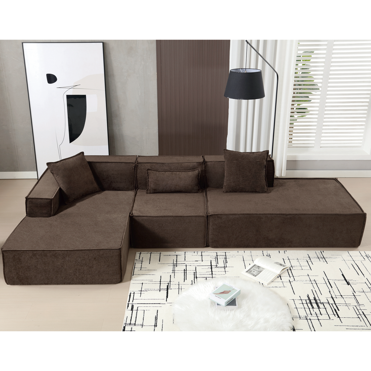 [VIDEO PROVIDED] Modular combination living room sofa set, modern minimalist sofa, free installation sofa, L-shaped, Italian minimalist tofu block sofa, Left-Hand Facing,Dark brown