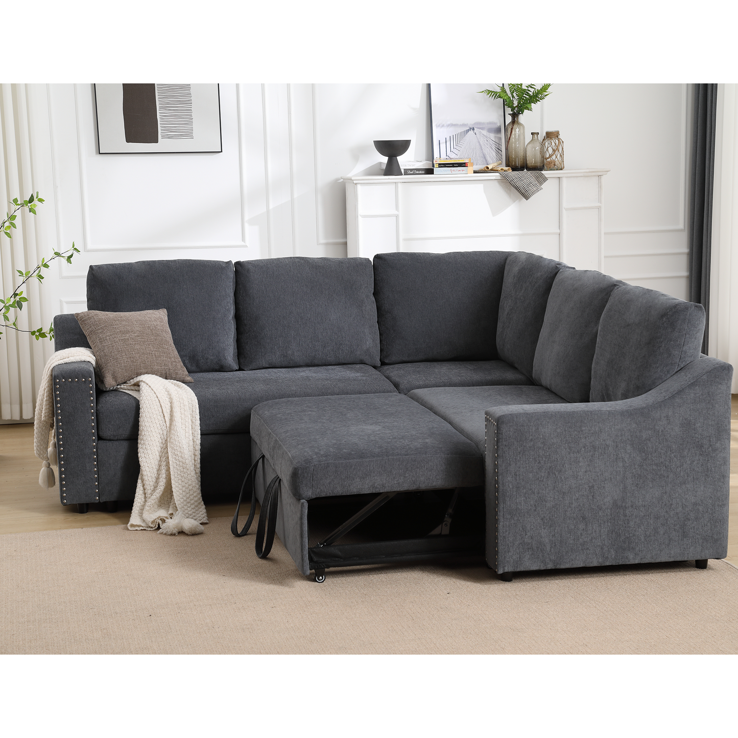 [NEW ARRIVED] [VIDEO PROVIDED]L-shaped sofa with pull-out sofa bed, Corner Sofa,comfortable living room furniture set, sleeper sofa bed,Corner seat for two with broaching sofa,Rivet DeChenille,Gray