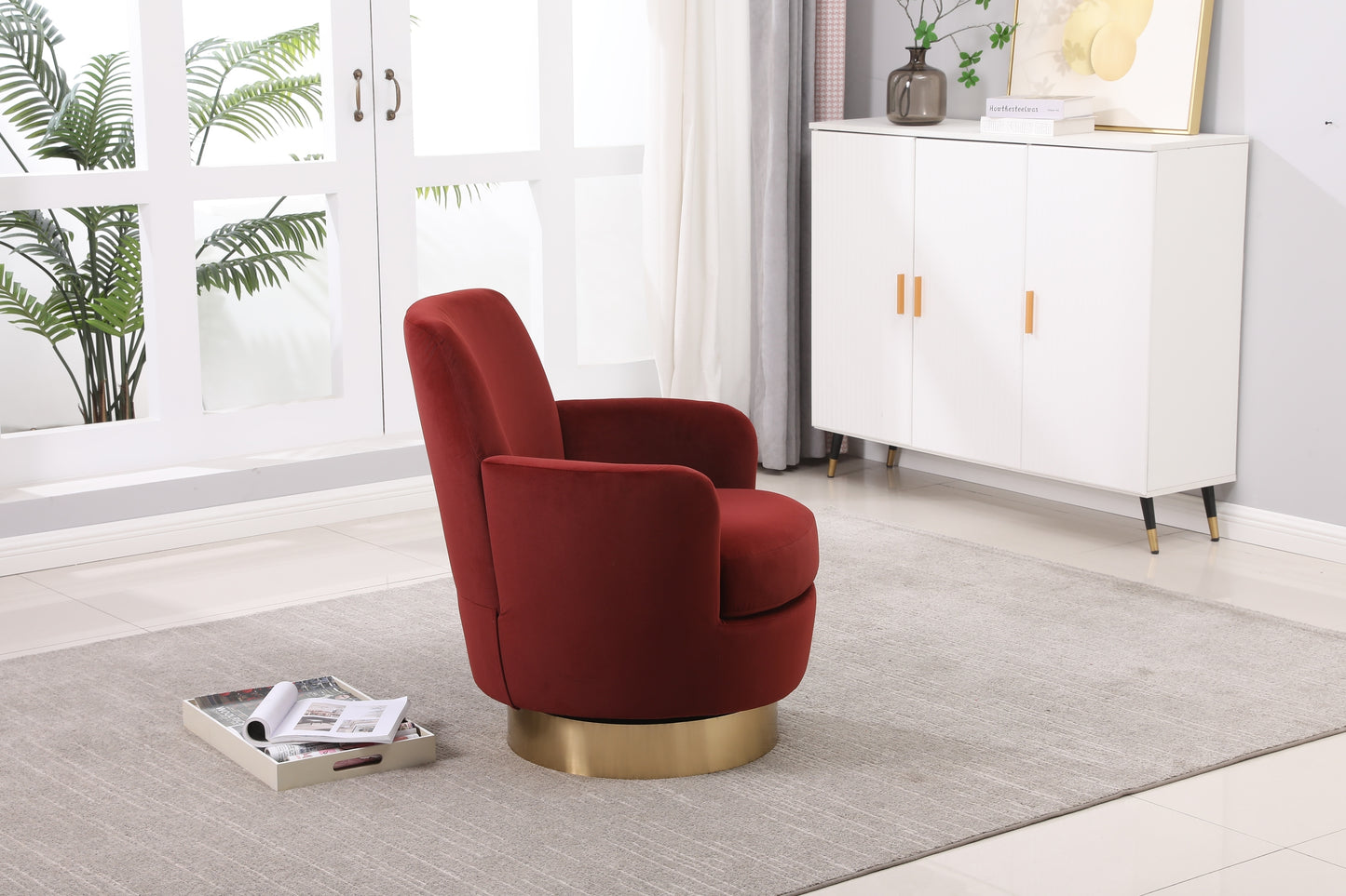 Velvet Swivel Barrel Chair, Swivel Accent Chairs Armchair for Living Room, Reading Chairs for Bedroom Comfy, Round Barrel Chairs with Gold Stainless Steel Base (Brownish red)