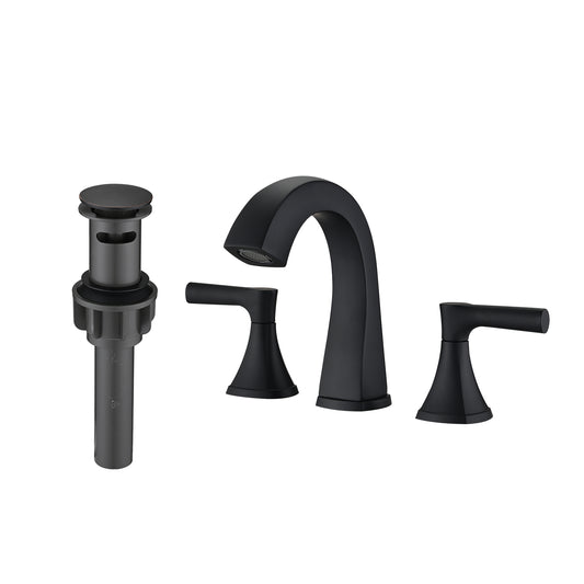 Grifos de lavabo de baño generalizados, grifo de baño de tocador de 3 orificios con dos manijas y conjunto de drenaje (negro mate)