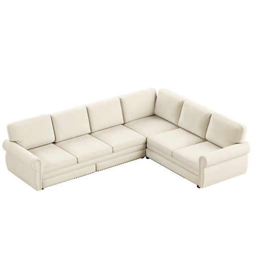 118 ' L-Shaped Sofa Couch with Pull-Out Bed, Oversize Convertible Sleeper Sofa with Nailhead Trim & Rolled Arm, Chenille Upholstered Sectional Couches, for Living Room, Apartment, Office, Beige