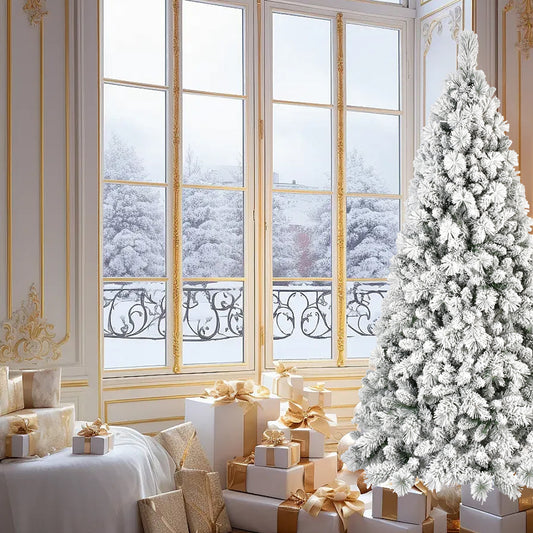 8FT Flocked Christmas Tree with 1445 Tips – Snowy PVC & Hard Needle Branches, Hinged Structure for Easy Setup, Stable Metal Stand – Realistic Full-Body Holiday Tree
