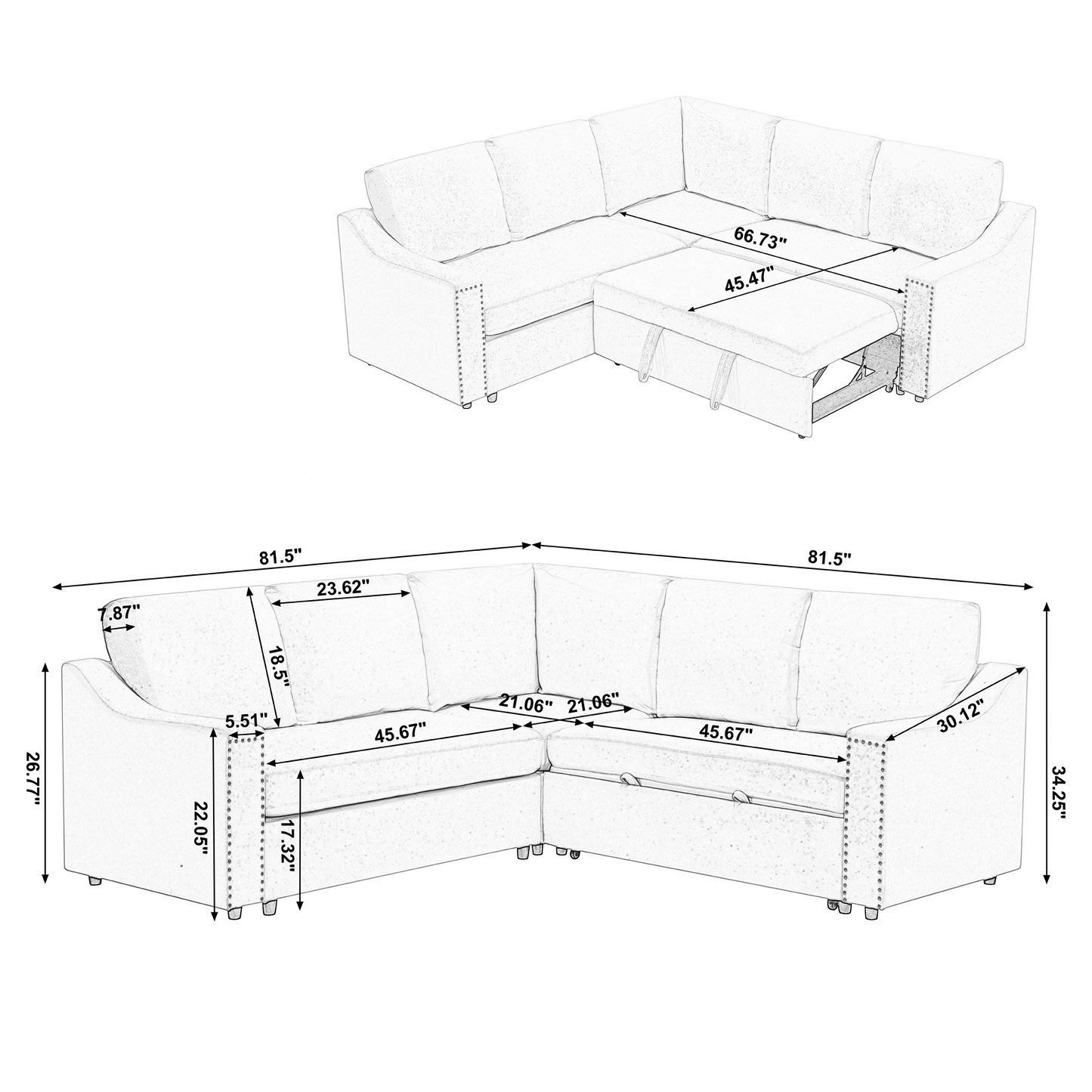 [NEW ARRIVED] [VIDEO PROVIDED]L-shaped sofa with pull-out sofa bed, Corner Sofa,comfortable living room furniture set, sleeper sofa bed,Corner seat for two with broaching sofa,Rivet DeChenille,Gray