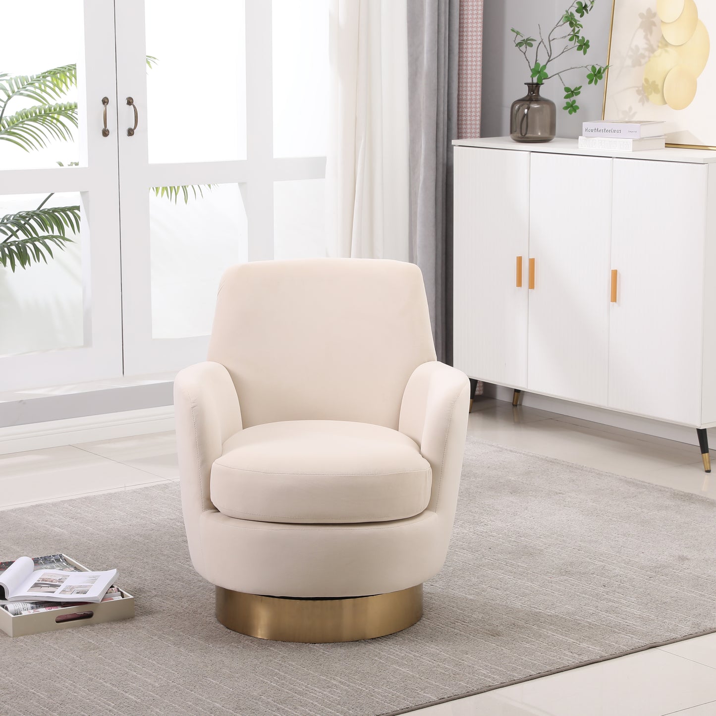 Silla giratoria de terciopelo, sillas giratorias decorativas, sillón para sala de estar, sillas de lectura para dormitorio, cómodas, sillas redondas con base de acero inoxidable dorado (beige)