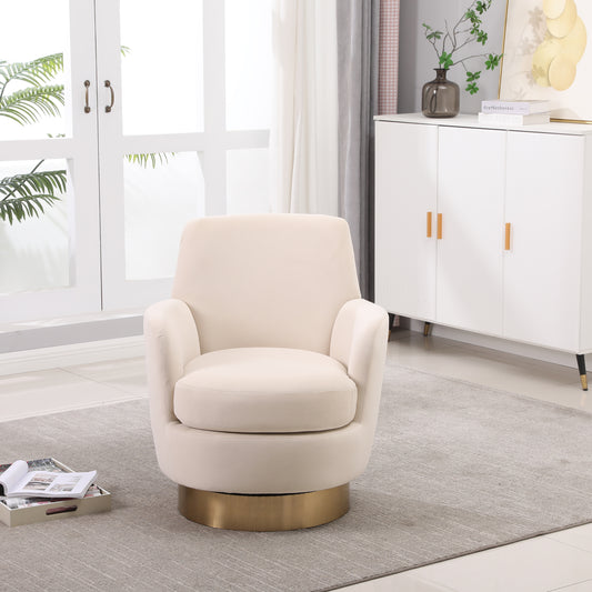 Velvet Swivel Barrel Chair, Swivel Accent Chairs Armchair for Living Room, Reading Chairs for Bedroom Comfy, Round Barrel Chairs with Gold Stainless Steel Base (Beige)