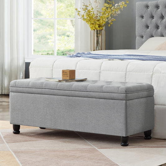 Upholstered tufted button storage bench ,Linen fabric entry bench with spindle wooden legs, Bed bench- Light Gray