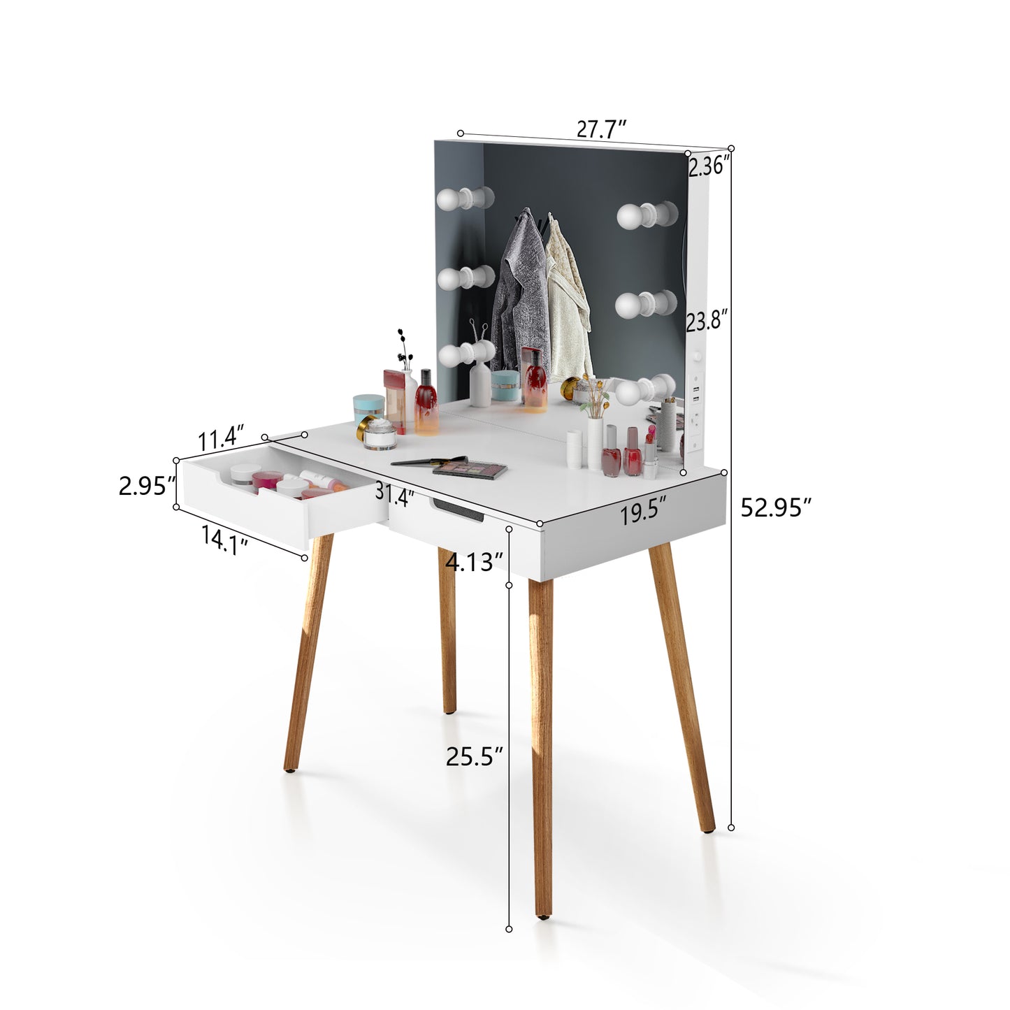 Tocador de madera para maquillaje con luz LED, tocador con puerto USB, blanco