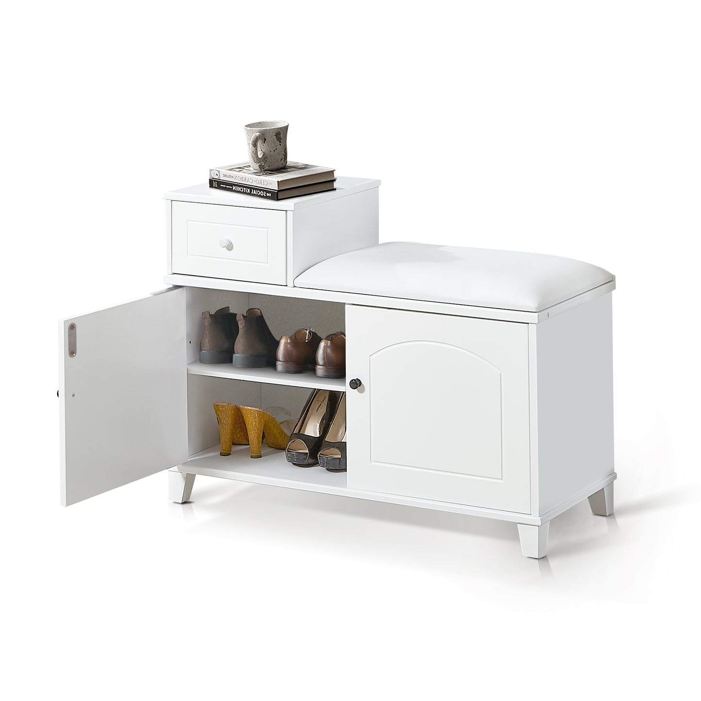 Banco de madera para almacenamiento de zapatos, mueble otomano con cajón, color blanco