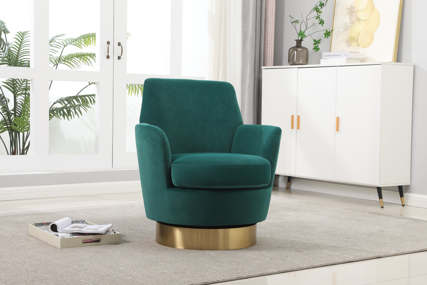 Velvet Swivel Barrel Chair, Swivel Accent Chairs Armchair for Living Room, Reading Chairs for Bedroom Comfy, Round Barrel Chairs with Gold Stainless Steel Base (Emerald)