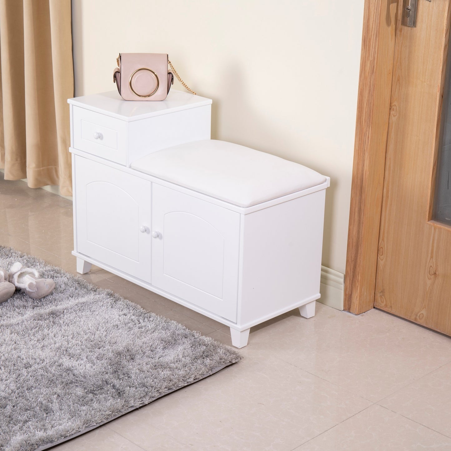 Banco de madera para almacenamiento de zapatos, mueble otomano con cajón, color blanco