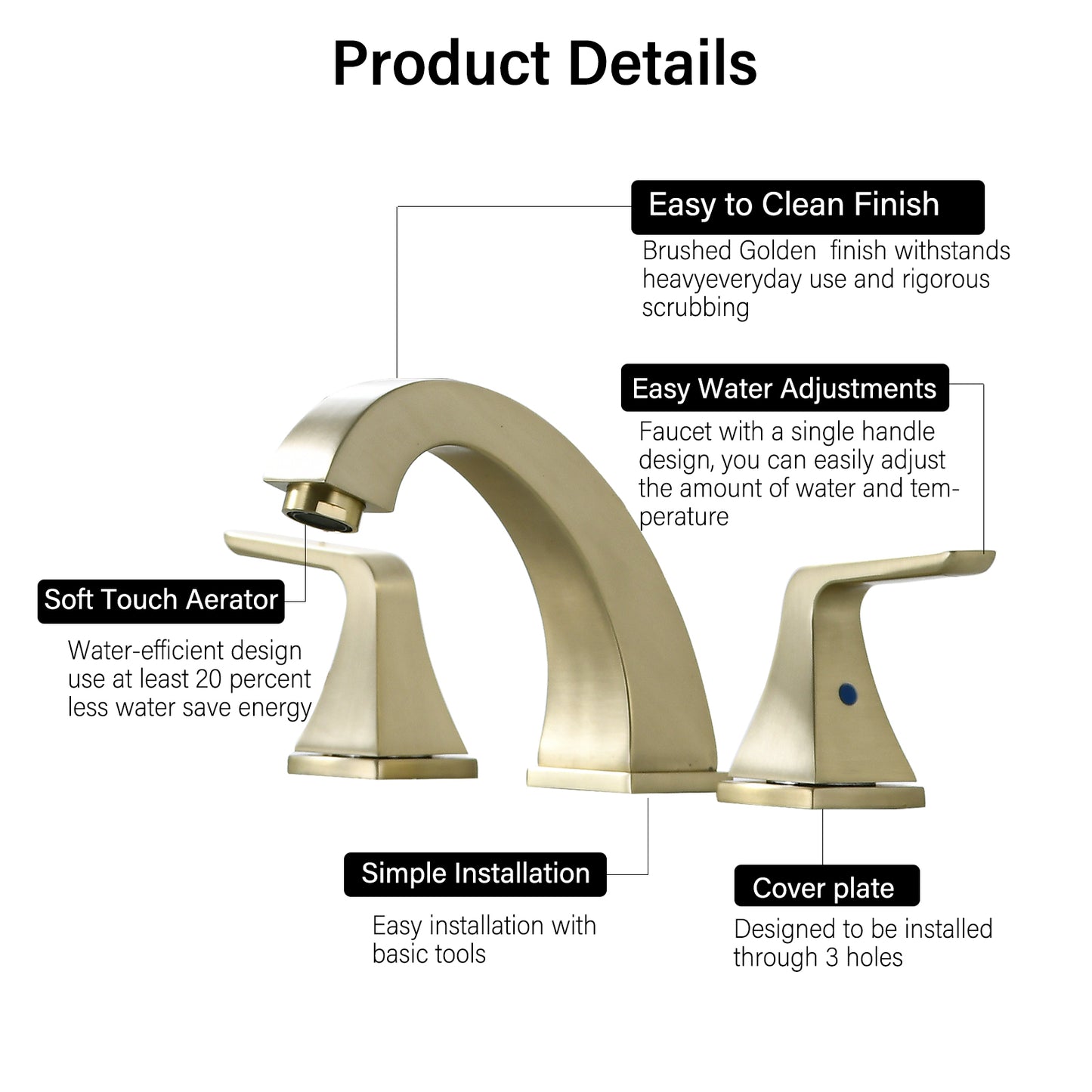 Widespread 2 Handles Bathroom Faucet with Pop Up Sink Drain Brushed Golden