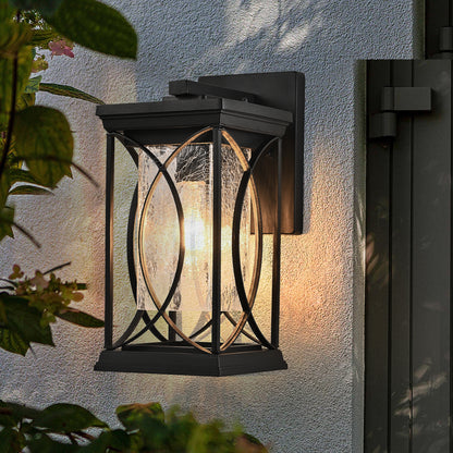 14'(H) 1-pack Black Outdoor Wall Lantern with Crackled Glass, Weather-Resistant Exterior Light Fixture for Porch, Patio, and Entryway, Modern Decorative Wall Sconce with E26 Base (Bulb Not Included)
