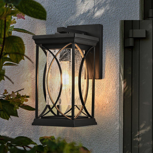 14'(H) 1-pack Black Outdoor Wall Lantern with Crackled Glass, Weather-Resistant Exterior Light Fixture for Porch, Patio, and Entryway, Modern Decorative Wall Sconce with E26 Base (Bulb Not Included)