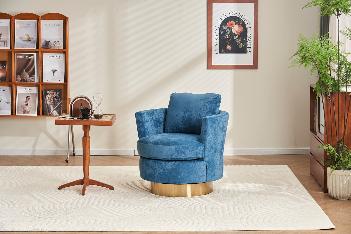 Velvet Swivel Barrel Chair, Swivel Accent Chairs Armchair for Living Room, Reading Chairs for Bedroom Comfy, Round Barrel Chairs with Gold Stainless Steel Base (Dusty blue)