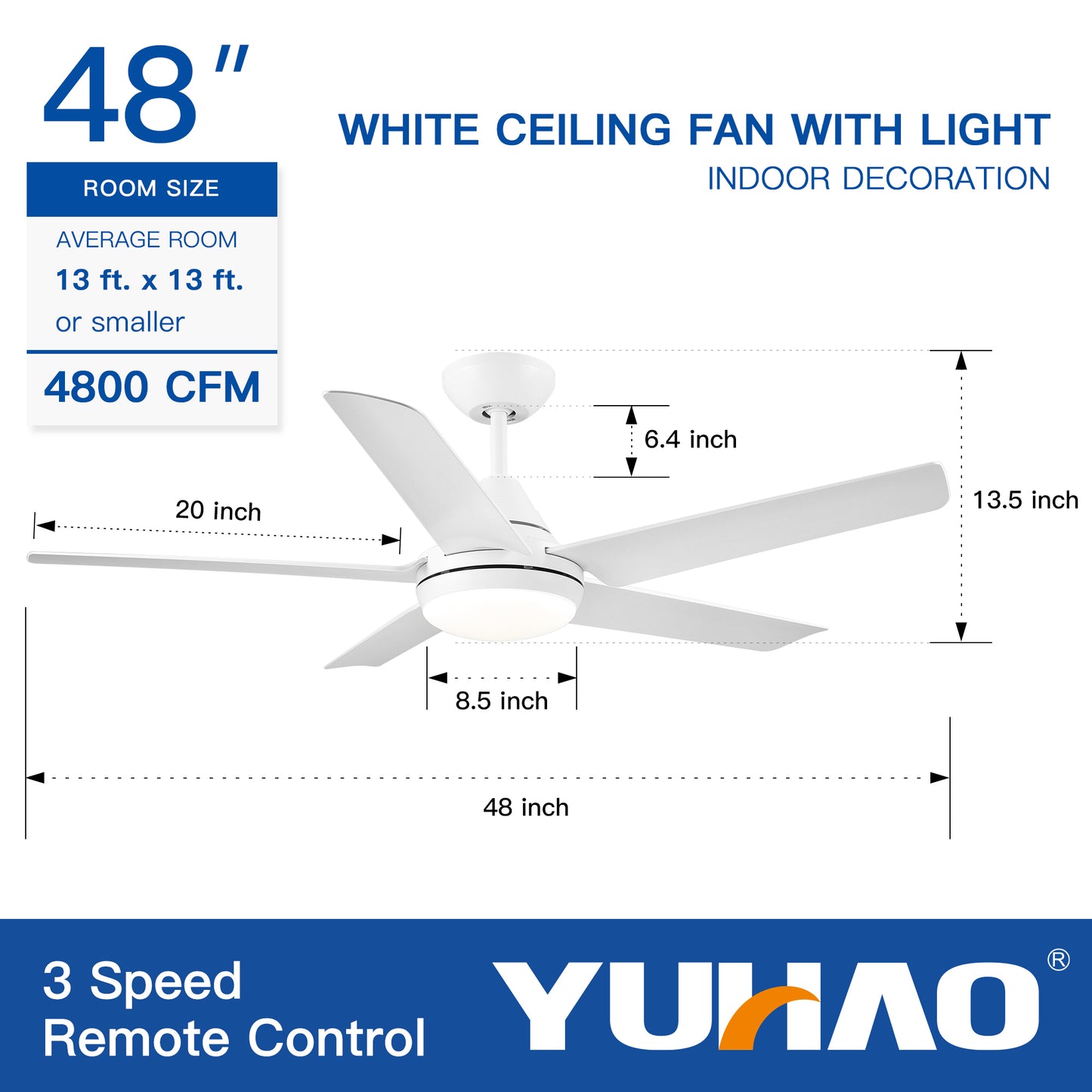 YUHAO 48 In Intergrated LED Ceiling Fan with White ABS Blade