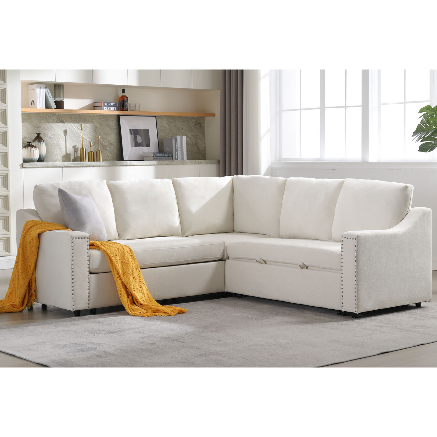 [NEW ARRIVED] [VIDEO PROVIDED]L-shaped sofa with pull-out sofa bed, Corner Sofa,comfortable living room furniture set, sleeper sofa bed,Corner seat for two with broaching sofa,Rivet DeChenille,Beige