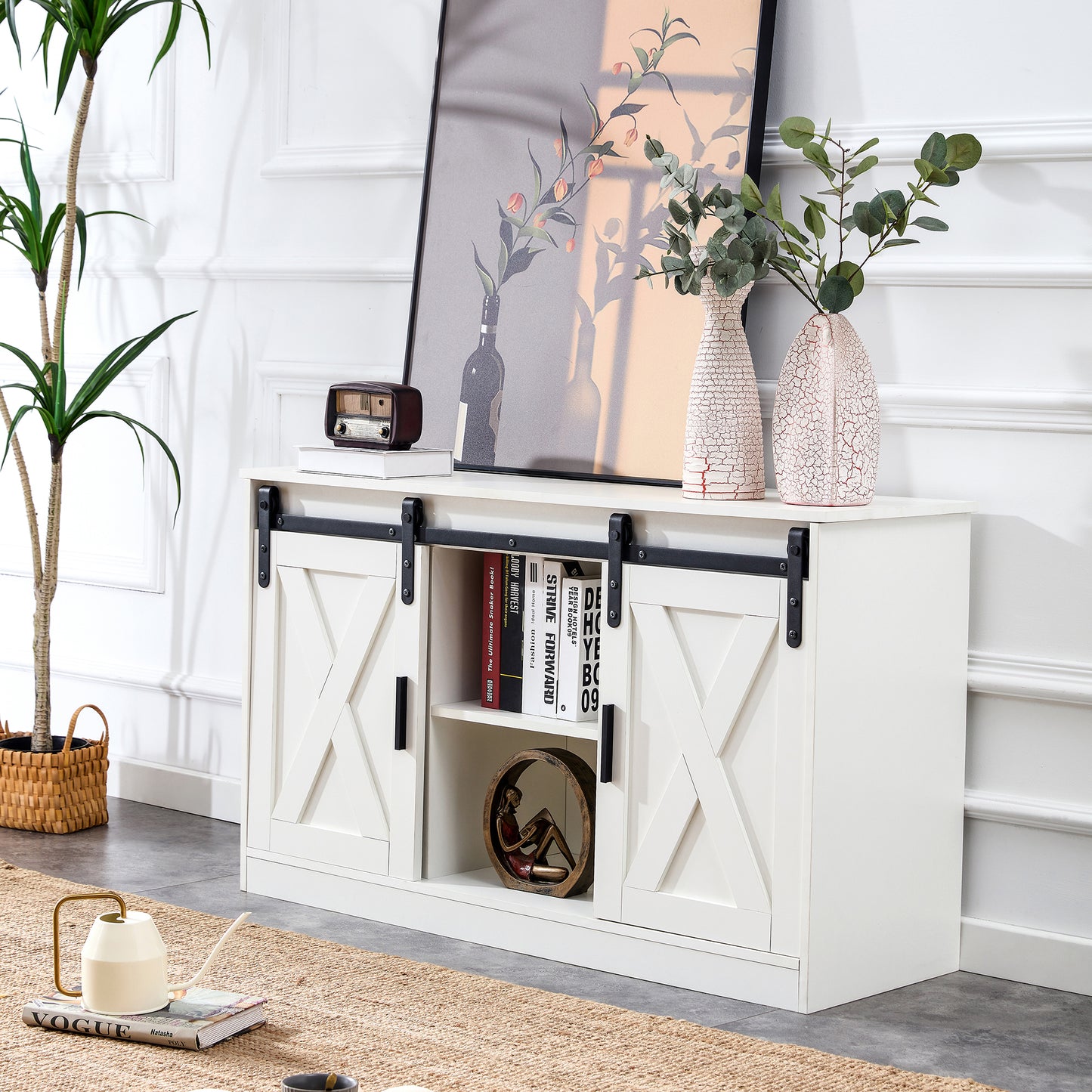 White decorative wooden TV / storage cabinet with two sliding barn doors, available for bedroom, living room, corridor.