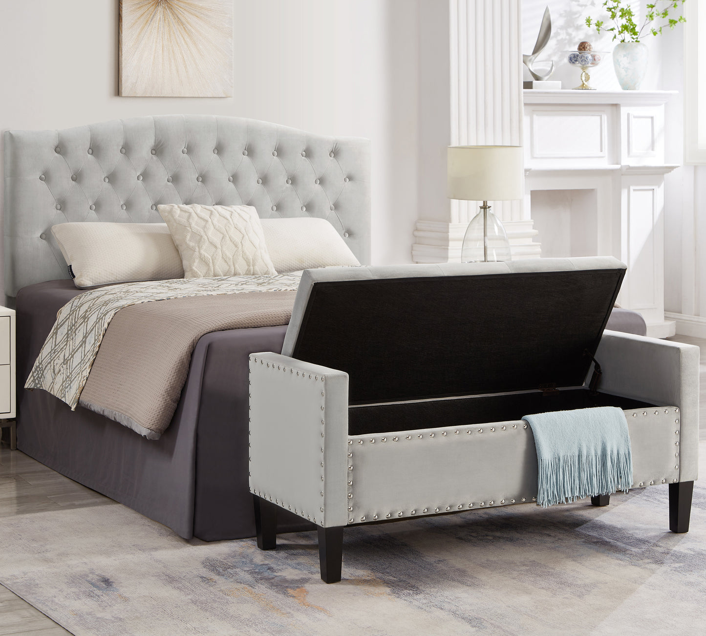 Upholstered Tufted Button Storage Bench with nails trim,Entryway Living Room Soft Padded Seat with Armrest,Bed Bench-Gray