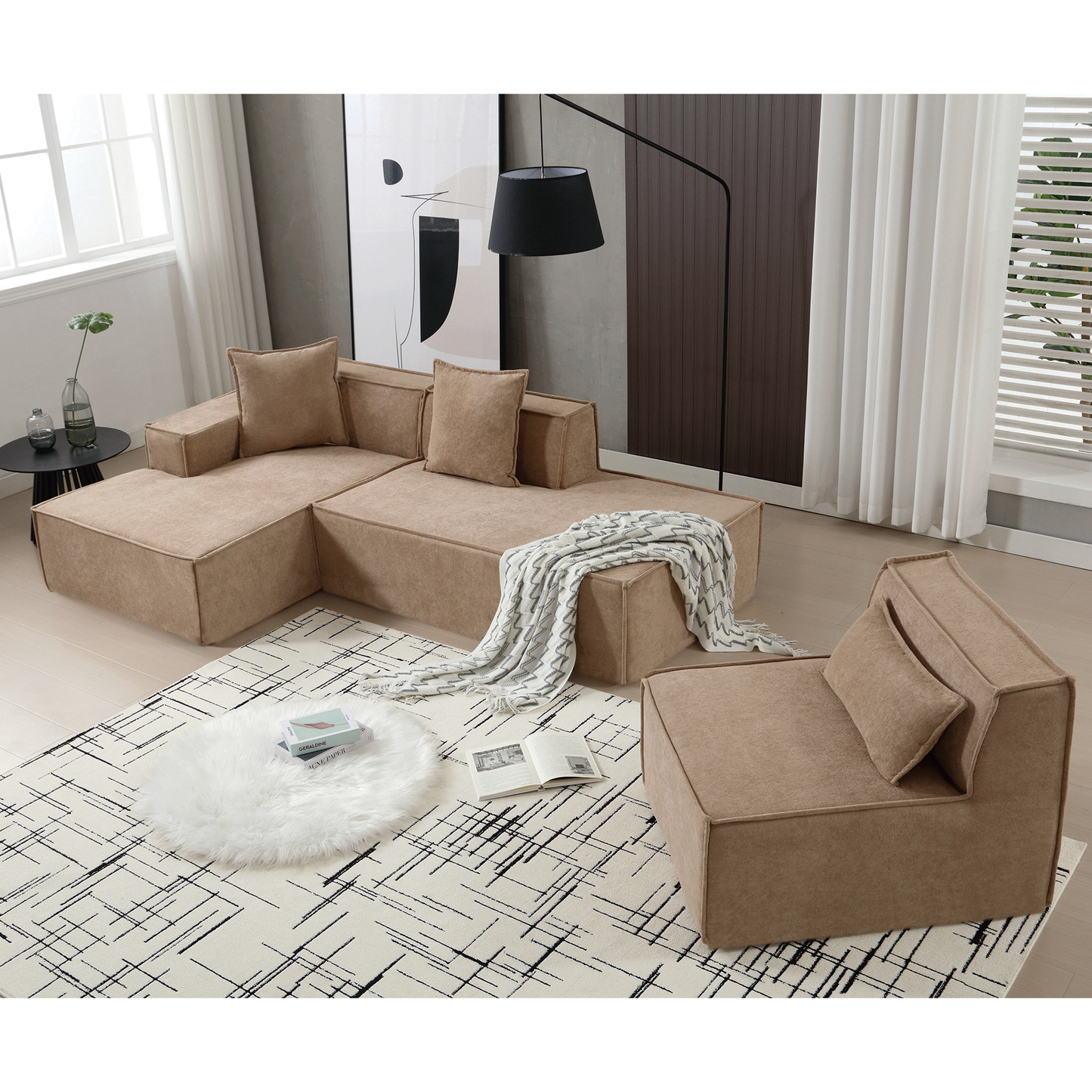 [VIDEO PROVIDED] Modular combination living room sofa set, modern minimalist sofa, free installation sofa, L-shaped, Italian minimalist tofu block sofa, Left-Hand Facing, Light Brown