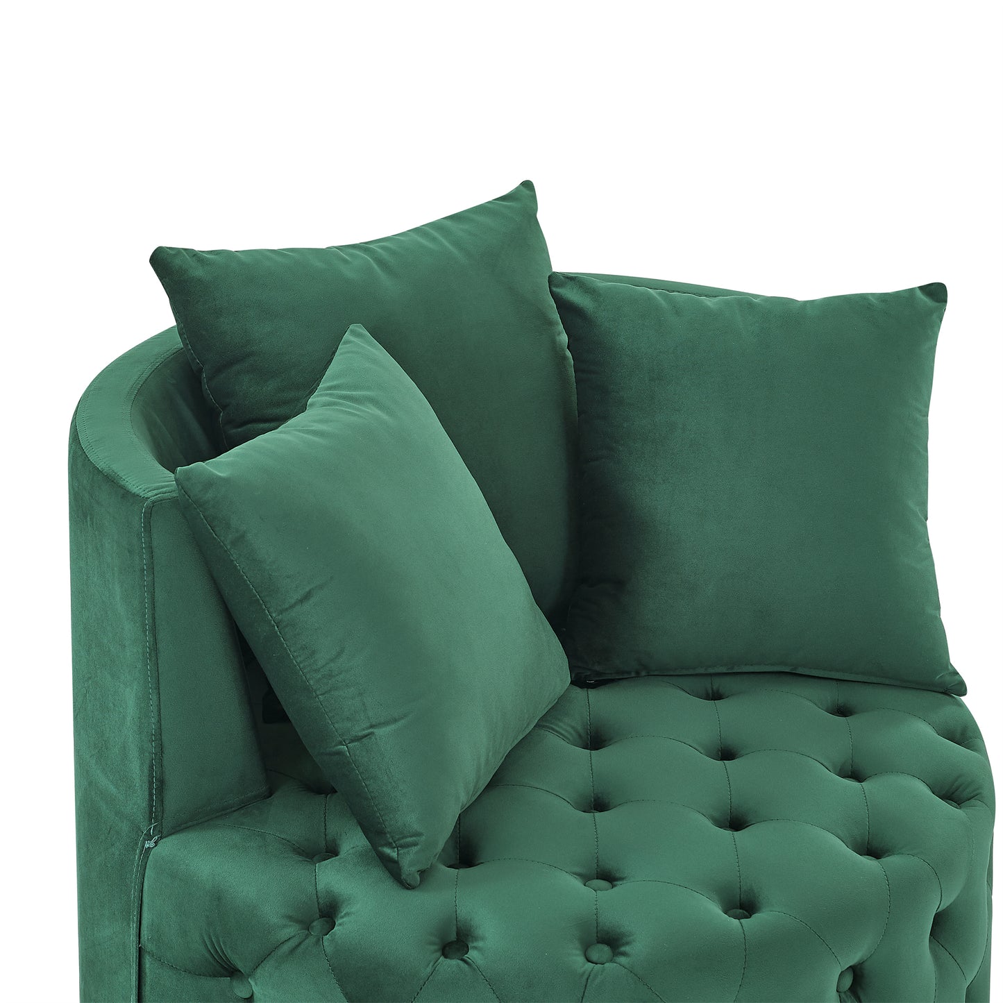 Silla giratoria tapizada en terciopelo para sala de estar, con diseño de botones y ruedas móviles, incluye 3 almohadas, verde