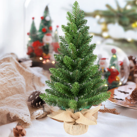 Set of 2 Tabletop Christmas Trees, 2FT Small Artificial PVC Green Trees with 68 Tips Each, Burlap-Wrapped Cement Base, Mini Holiday Decorations for Desk, Table, Office & Home Décor