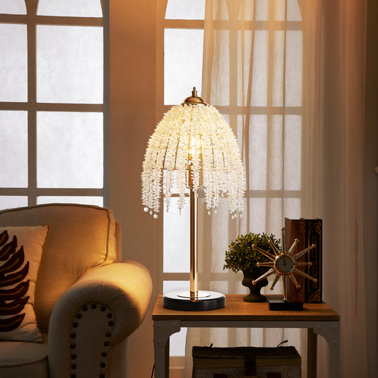 19'(H) Elegant Crystal Table Lamp – Vintage Waterfall Design with Crystal Bead String Shades and Marble Textured Base for Living Room, Bedroom, or Office (Bulb Not Included)