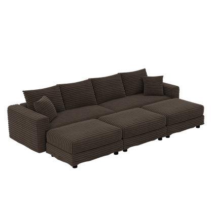 104.3 ' Plush Corduroy 4-Seat Sofa, Modern Comfy Upholstered Sofa Cloud Couch, Deep Seat Couches with Soft Pillows and 3 Ottomans, Convertible Sofa Lounge Chair, for Living Room,Apartment,Office,Camel