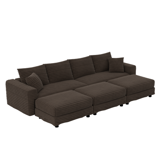 104.3 ' Plush Corduroy 4-Seat Sofa, Modern Comfy Upholstered Sofa Cloud Couch, Deep Seat Couches with Soft Pillows and 3 Ottomans, Convertible Sofa Lounge Chair, for Living Room,Apartment,Office,Camel