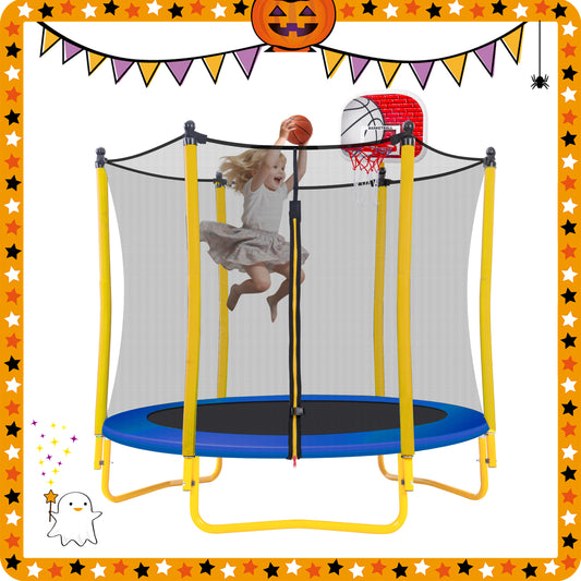 5.5FT Trampoline for Kids - 65' Outdoor & Indoor Mini Toddler Trampoline with Enclosure, Basketball Hoop and Ball Included