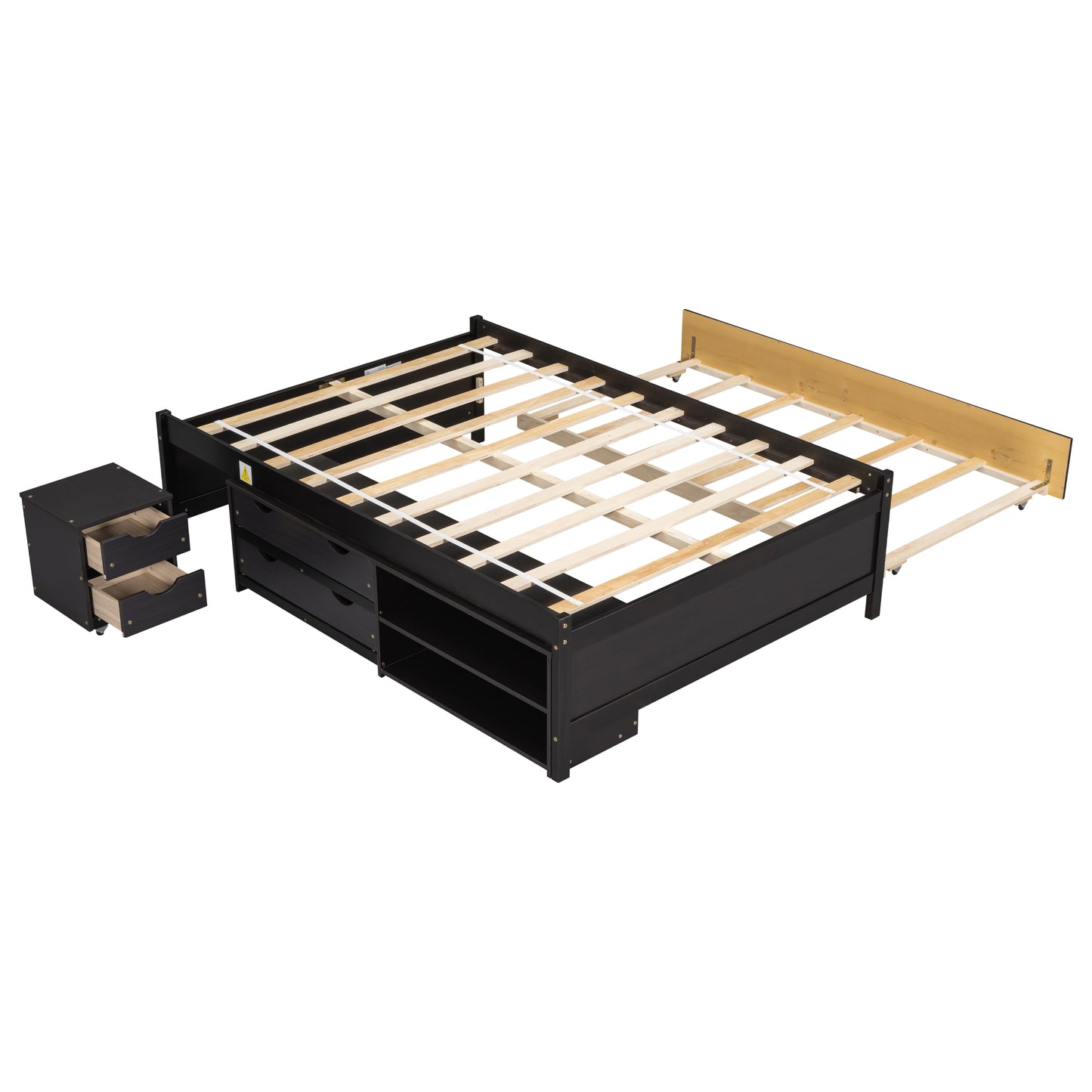 Cama completa versátil con cama nido, caja de almacenamiento debajo de la cama y mesita de noche. Café expreso