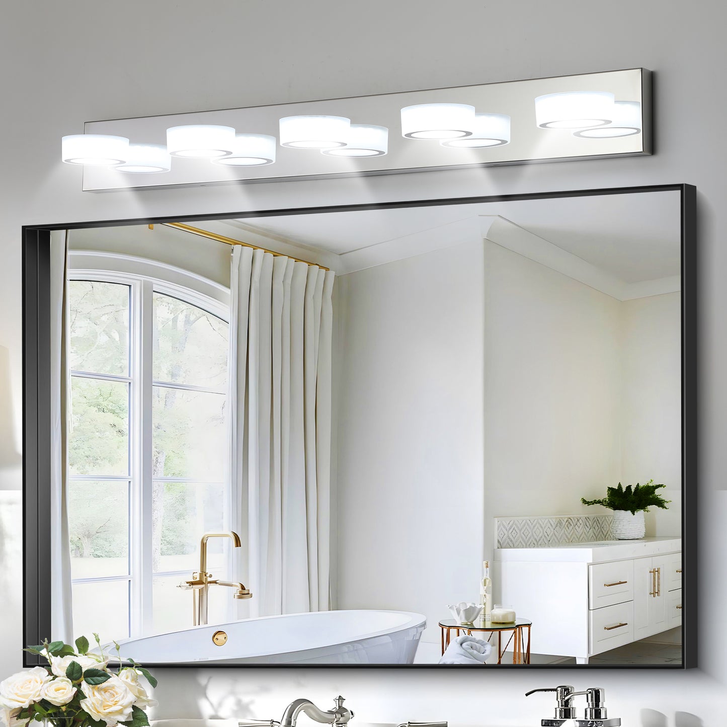 37' Modern 5-Light LED Vanity Light Fixture - Chrome Finish with Acrylic Light Shades - Energy-Efficient Bathroom Wall Sconce - Dimmable for Mirror, Shower, and Bathroom Decor