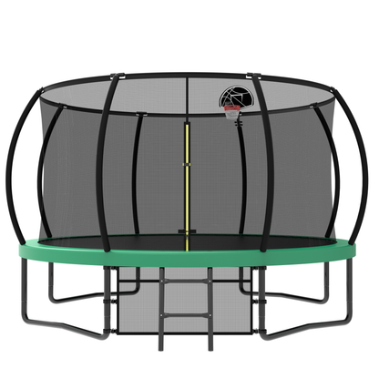 Pumpkin Style 12FT Recreational Kids Trampoline with Safety Enclosure Net & Ladder, Green Steel Frame, 144.09 Inches