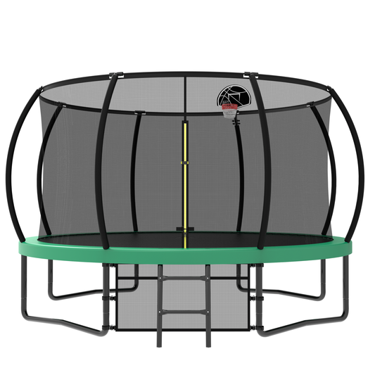 Pumpkin Style 12FT Recreational Kids Trampoline with Safety Enclosure Net & Ladder, Green Steel Frame, 144.09 Inches