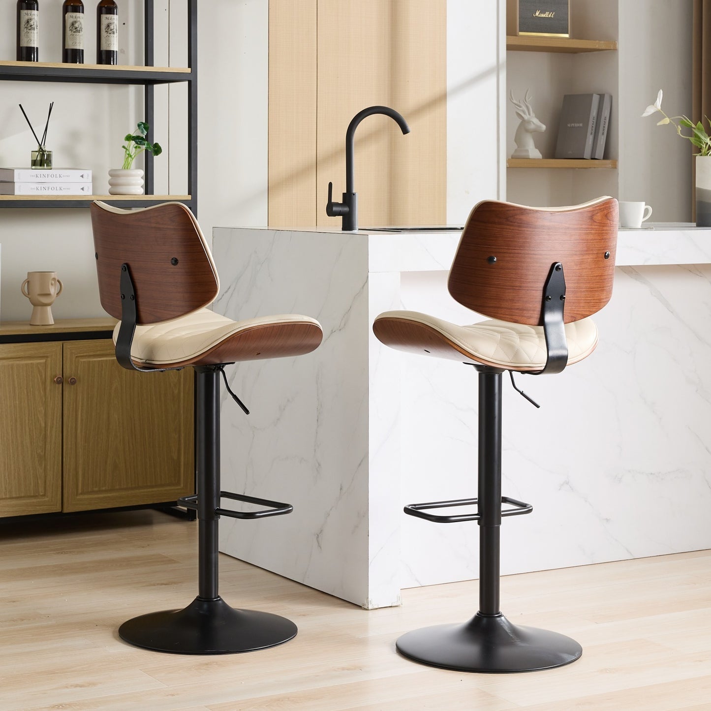 Taburetes de bar de madera curvada de nogal de mediados de siglo, sillas de bar giratorias de 360° tapizadas en cuero negro con altura ajustable para isla de cocina/comedor/café, 1 silla/1 caja,Beige