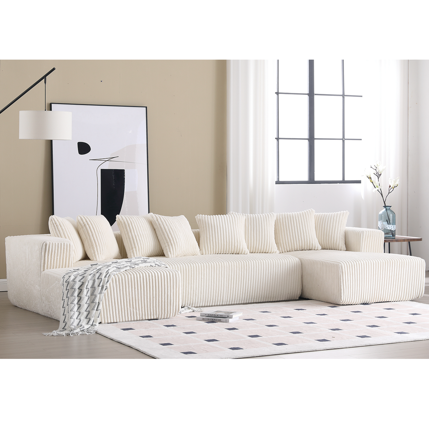 [NEW ARRIVED] [VIDEO PROVIDED]131'' Modular Sectional Couch, U-shaped sofa , Chaise Lounge, Striped fabric,Upholstered 4 Seater Couch for Living Room, Bedroom, Free Combination Sofa (Corduroy),White