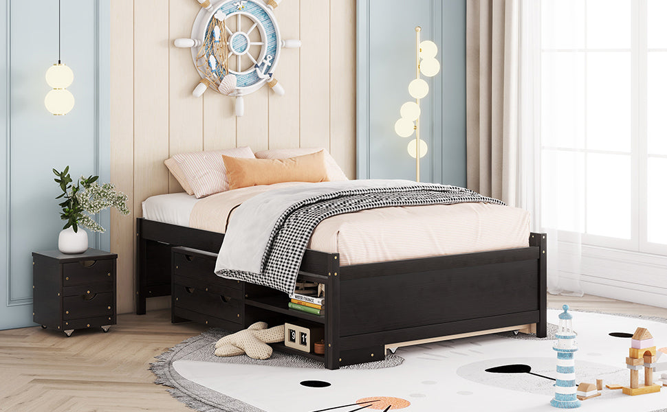 Versatile Full Bed with Trundle,Under bed Storage Box and Nightstand .Espresso