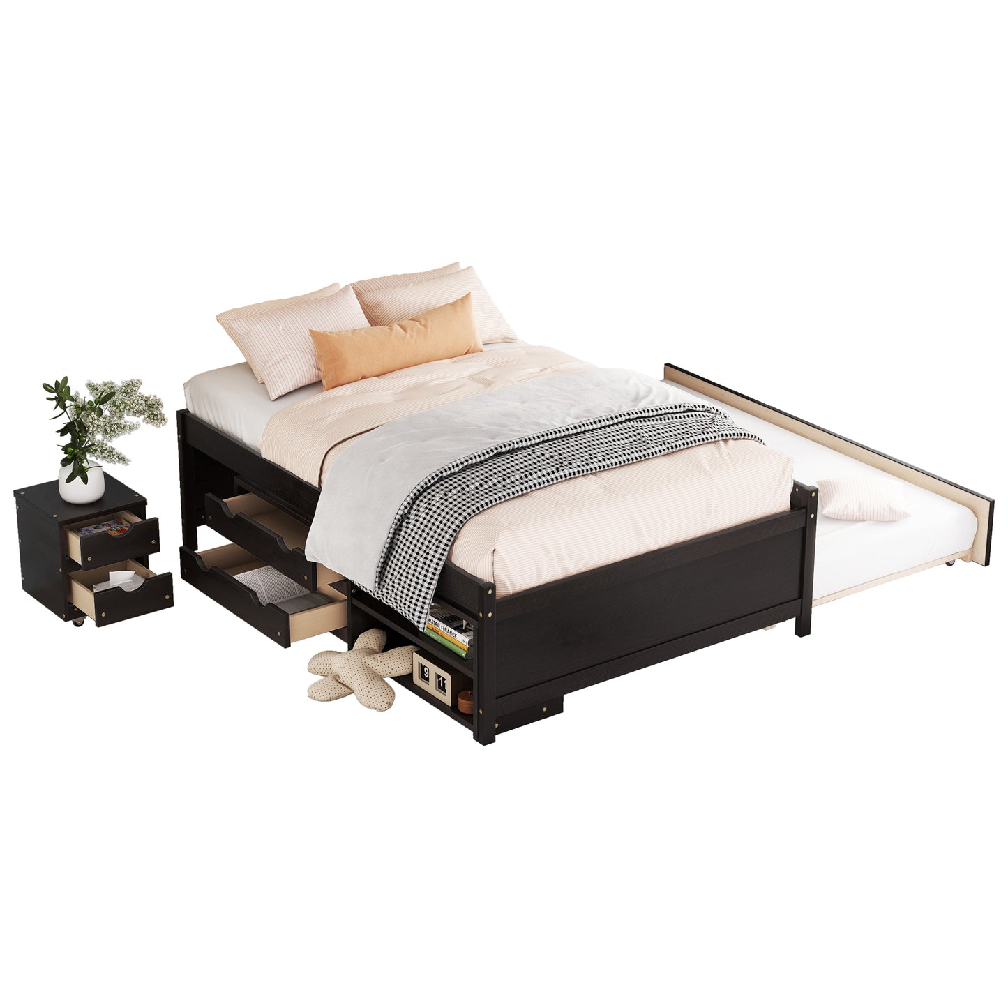 Versatile Full Bed with Trundle,Under bed Storage Box and Nightstand .Espresso