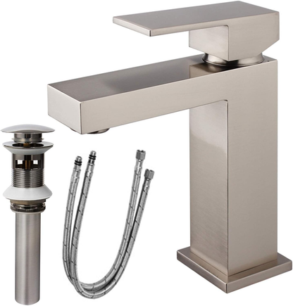 Single Handle Bathroom Faucet, Brushed Nickel Single Hole Bathroom Faucet, Solid Brass Modern Bathroom Sink Faucet Heavy Duty Vanity Square Bathroom Faucet with Pop-up Drain & Water Supply Hoses