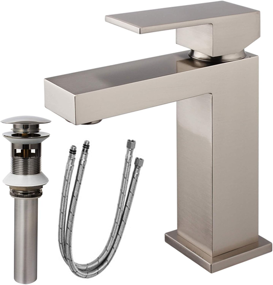 Single Handle Bathroom Faucet, Brushed Nickel Single Hole Bathroom Faucet, Solid Brass Modern Bathroom Sink Faucet Heavy Duty Vanity Square Bathroom Faucet with Pop-up Drain & Water Supply Hoses