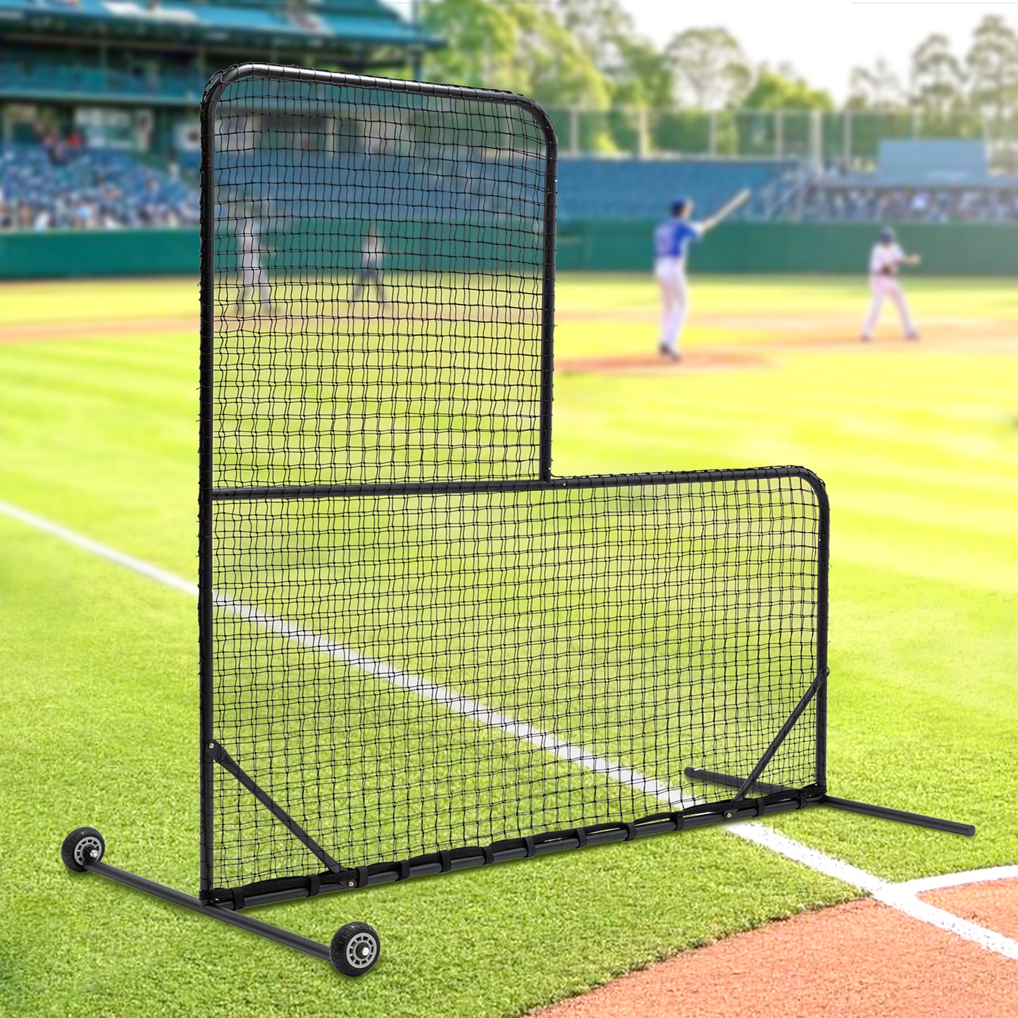 L-Shaped Baseball Net for Batting Cages, Baseball Pitching Net with Wheels  - 84''H x 84''W, with 42'' x 42'' Cutouts,include Carry Bag