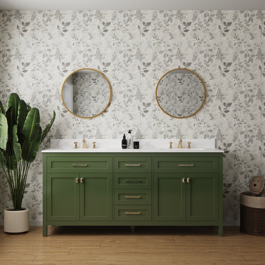 Combinación de lavabo de tocador con encimera de mármol, gabinete de lavabo de baño y tocadores de baño para decoración del hogar - Tocador verde completamente ensamblado de 72 pulgadas con fregadero 23V03-72VG