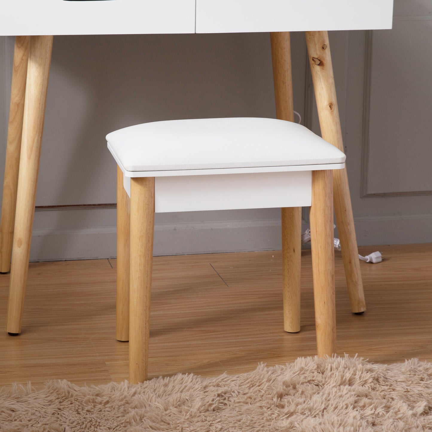 Taburete de tocador de madera, taburete de maquillaje con asiento de PU, blanco