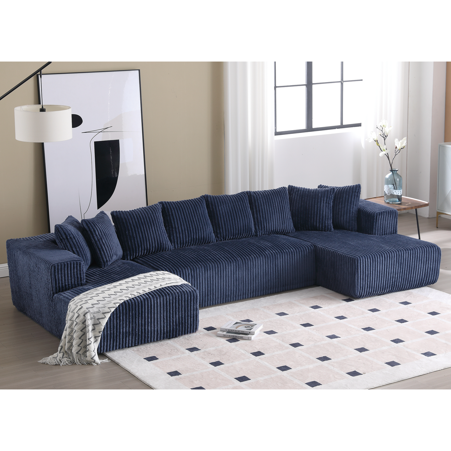 [NEW ARRIVED] [VIDEO PROVIDED]131'' Modular Sectional Couch, U-shaped sofa , Chaise Lounge, Striped fabric,Upholstered 4 Seater Couch for Living Room, Bedroom, Free Combination Sofa (Corduroy), Blue