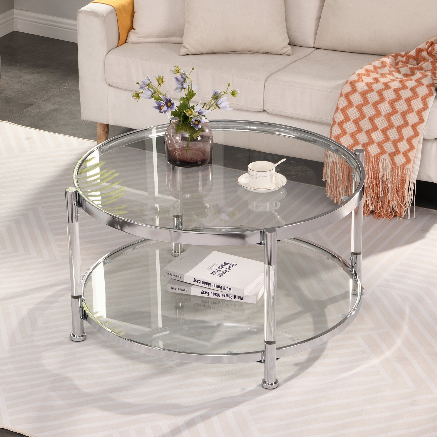 W82153572 Contemporary Acrylic Coffee Table, 32.3'' Round Tempered Glass Coffee Table, Chrome/Silver  Coffee Table for Living Room