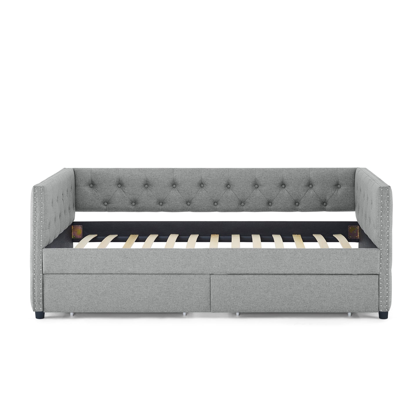 Upholstered Twin Size Daybed with Two Drawers, with Button and Copper Nail on Square Arms, Grey (82.75''x43''x30.75'')