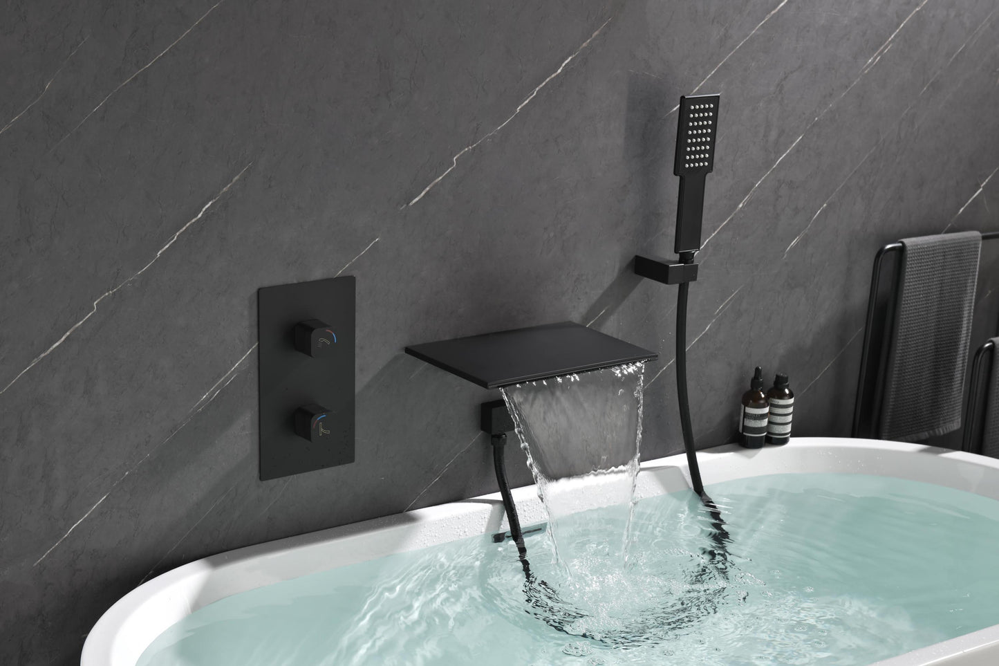 Waterfall Spout Wall Mounted Tub Faucet with Handheld shower Modern Single Handle Tub Filler Solid Brass