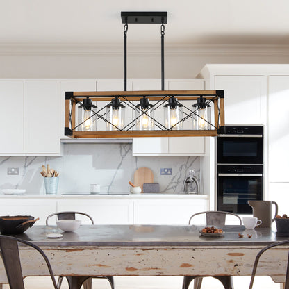 32' Walnut Industrial Farmhouse Rectangle Pendant Light, 5-Light Chandelier with Lampshades for Dining Room, Kitchen Island, Cafe Decor (No Bulbs)