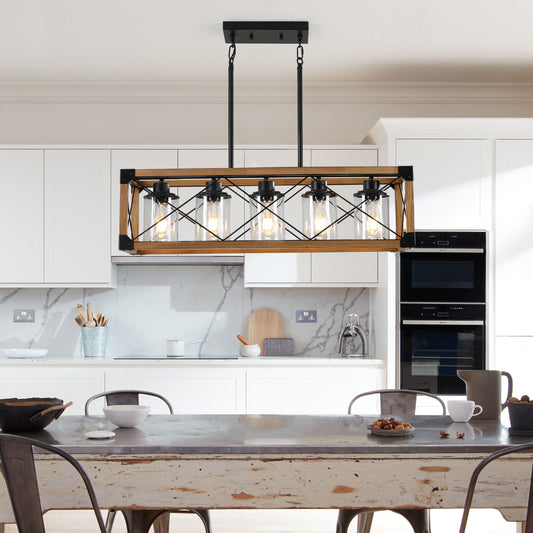 32' Walnut Industrial Farmhouse Rectangle Pendant Light, 5-Light Chandelier with Lampshades for Dining Room, Kitchen Island, Cafe Decor (No Bulbs)