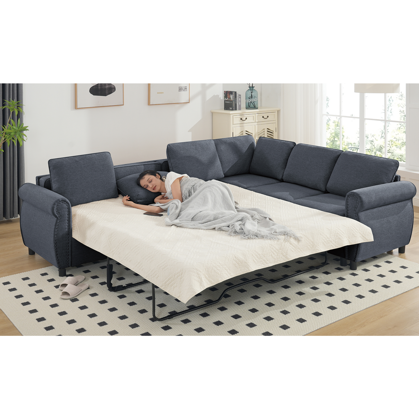 [NEW ARRIVED] [VIDEO PROVIDED] Sleeper Sofa, 2 in 1 Pull Out Couch Bed,6 seater sofa bed, L Shaped Sleeper Sectional Sofa Couch,Riveted sofa,104'' Large combined sofa Bed in living room, Dark Gray